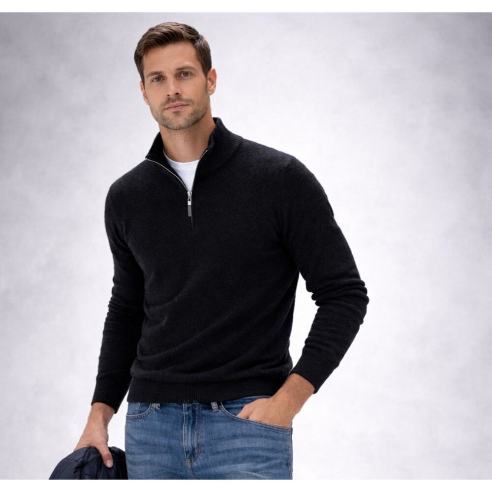 QI Cashmere Men’s Black 1/4 Zip Pullover Sweater 100% Cashmere Size M